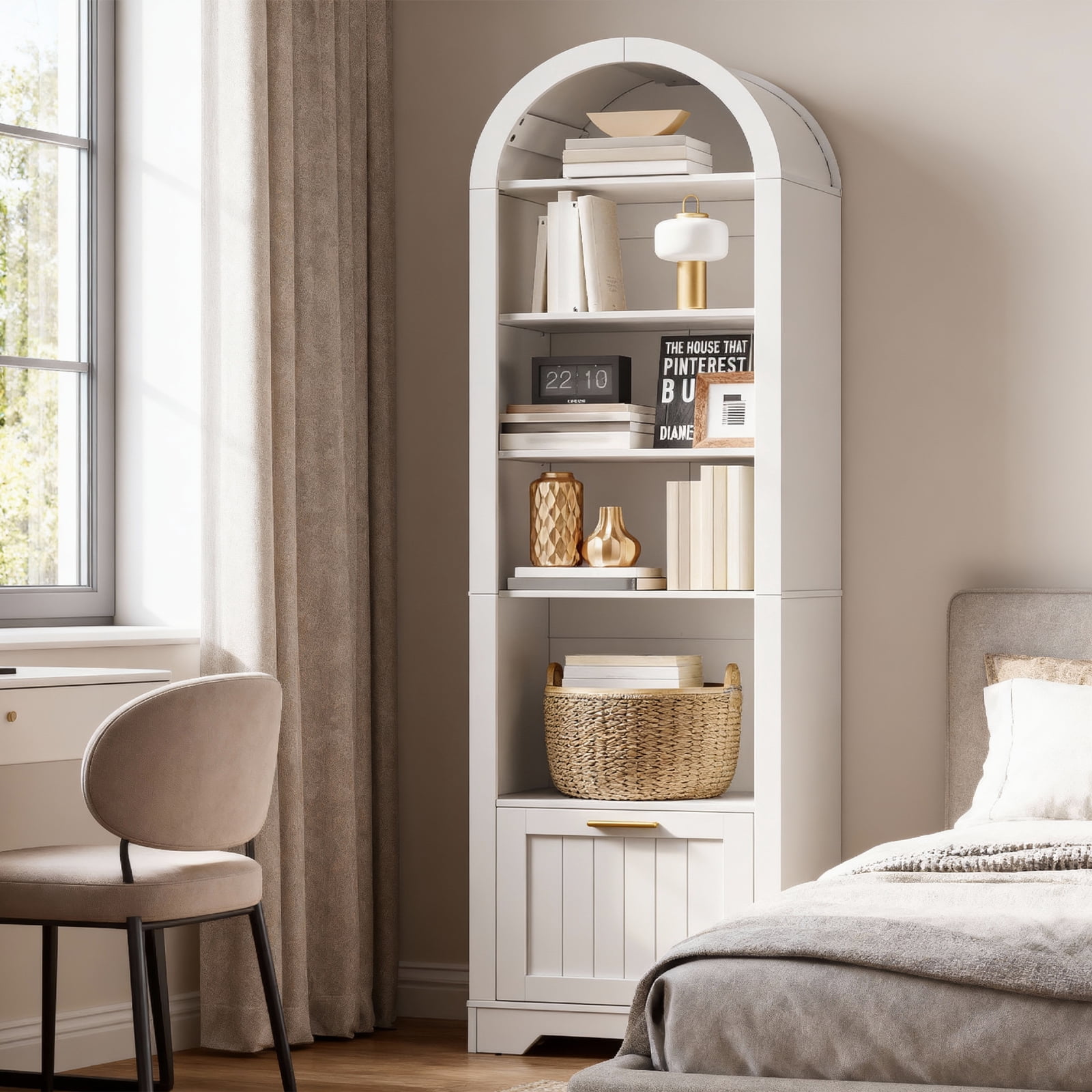 HOOBRO 6-Tier Arched Bookcase with File Drawer & Adjustable Shelves, White