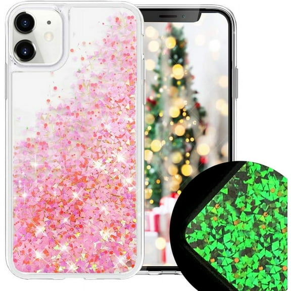 Cute Liquid Case for iPhone 11 Moving Glitter Bling Flowing Quicksands Sparkle Funny Glow in The Dark Noctilucent Darkness Fluorescent Waterfall for Girls Women Case for iPhone 11 Pink
