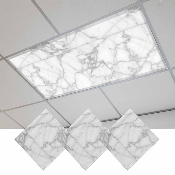 Fluorescent Light Covers for Ceiling Lights Classroom, White Grey Marble Magnetic Ceiling Light Cover Filter for School,Office, 2X4 FT, Pack of 3, Modern Abstract Art