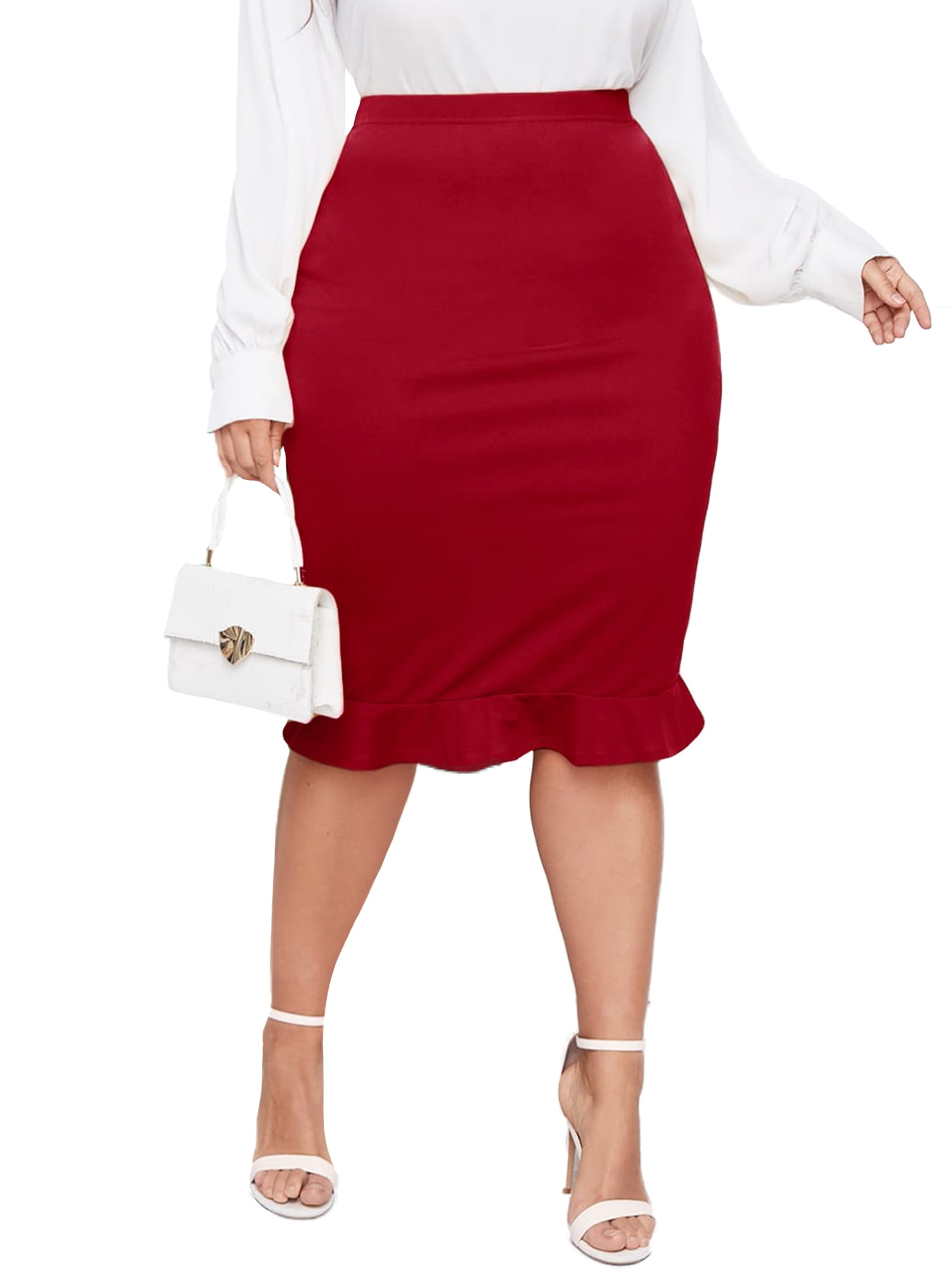 Poseshe Womens Plus Size Pencil Skirt For Work Black Office Skirts For Women Fashion Ruffle