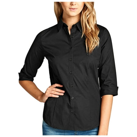 KOGMO Womens Classic Solid 3/4 Sleeve Button Down Blouse Dress Shirt