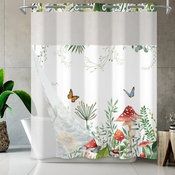 Mizhona Spring Floral Hookless Shower Curtain Green Leaves with Mushroom No Hook Shower Curtain with Snap in Liner Bathroom Decor 71"W x 71"L
