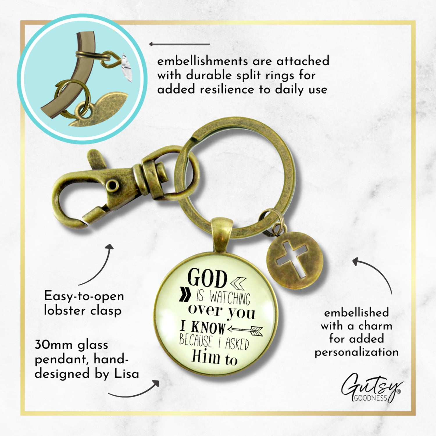 Faith Gutsy Goodness Bronze Keychain He Is Watching Over You Men Women Vintage Bronze Key Ring