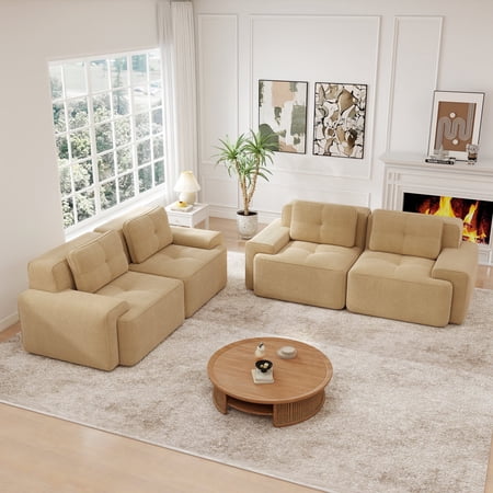 FFZ Set of 2 Corduroy Double-Seat Sofas with Tufted Design and Pearl-like Piping, Camel