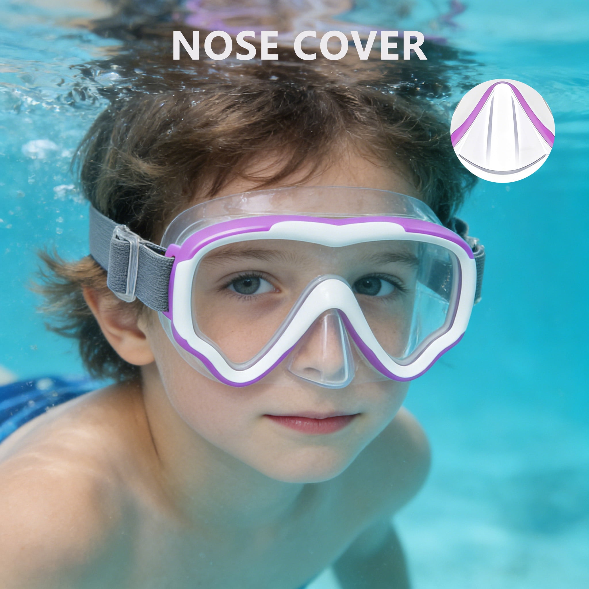 Kids Swim Goggles with Nose Cover, Diving Mask Elastic Fabric Strap Anti Fog Anti Shattered Lens Anti-scratch Anti-fog Swim Mask for Kid Children Swimming Goggles 3-14 Purple