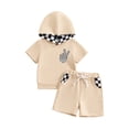 thumbnail image 2 of Aojekbee Toddler Boy Outfit Short Sleeve Gesture Print Hood T-Shirt with Elastic Waist Shorts 2Pcs Set, 2 of 10