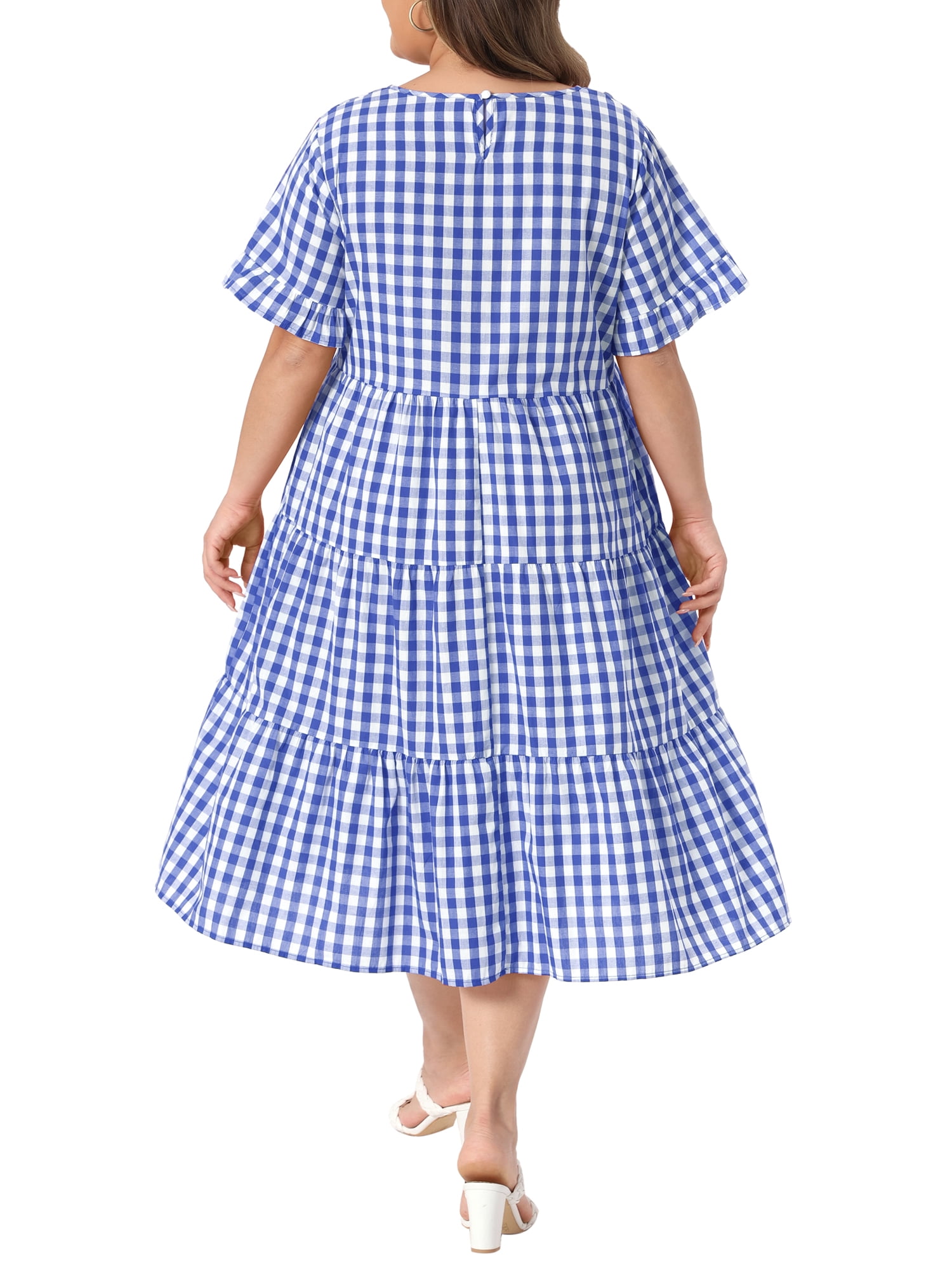 DARING DIVA Women's Plus Gingham Plaid Round Neck Dress 2X Dark Blue