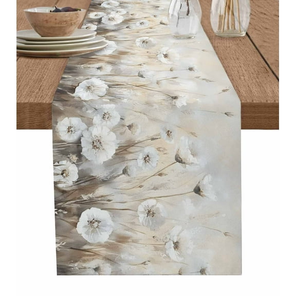 ERUNPONLY Spring White Floral Table Runner - 60 Inch Long Watercolor Vintage Beige Flowers Cotton and Linen Blended Dress Scarves Farmhouse Table Runner for Kitchen Dining, Coffee Table, 13"x60"
