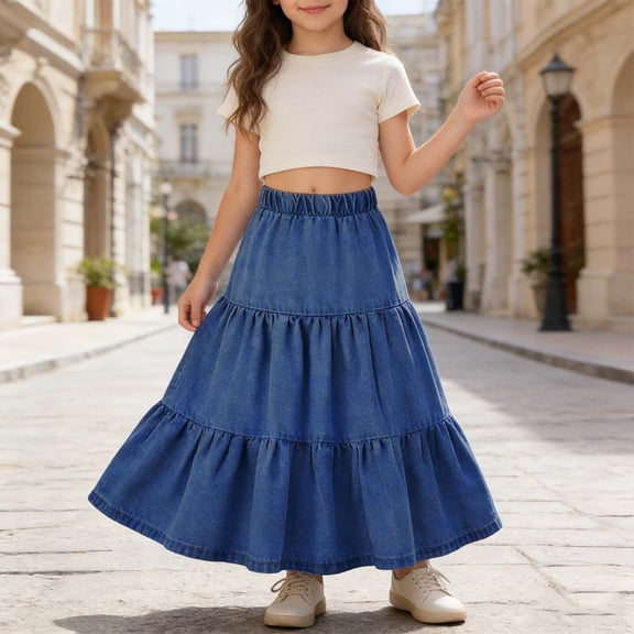 Huowey Girls Skirts Solid Color Tiered Denim Maxi Skirt Elastic High Waist Ruffle Layer Flowy Long Jean Skirt For Kids Summer Street Vacation Casual Dailywear,Dark Blue
