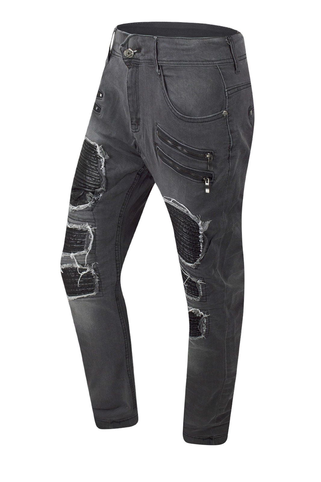 NEW Men Biker Denim Jeans PU Stacked Pants Double Needle Sizes 30-38 Black White 