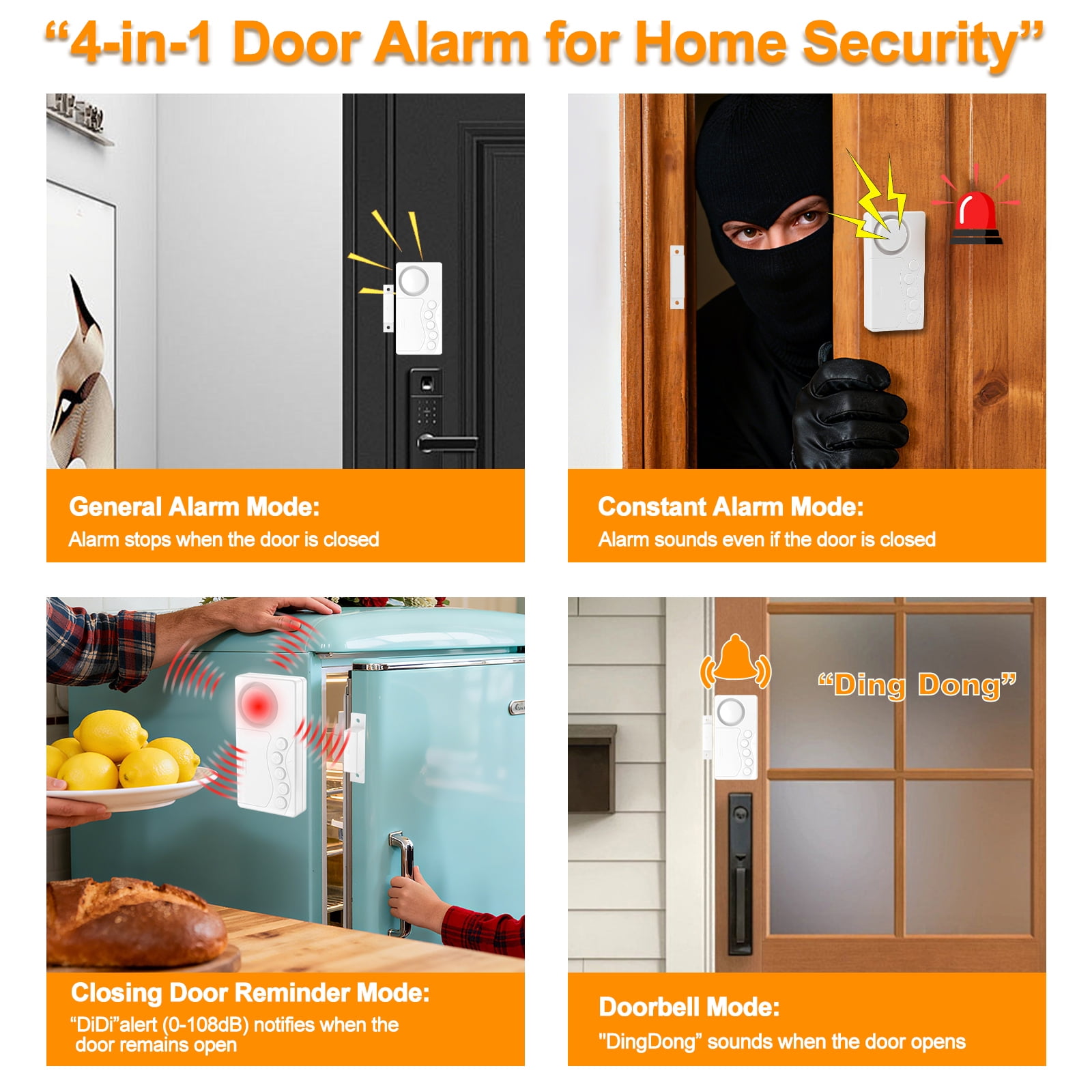 NineLeaf Freezer Door Alarm,Door and Window Alarms for Home Security,3/15/30/60 Seconds 4-In-1 Door Magnetic Refrigerator Door Open Alarm Delayed Door Closing Bell for Home Business Office Shop,5PK