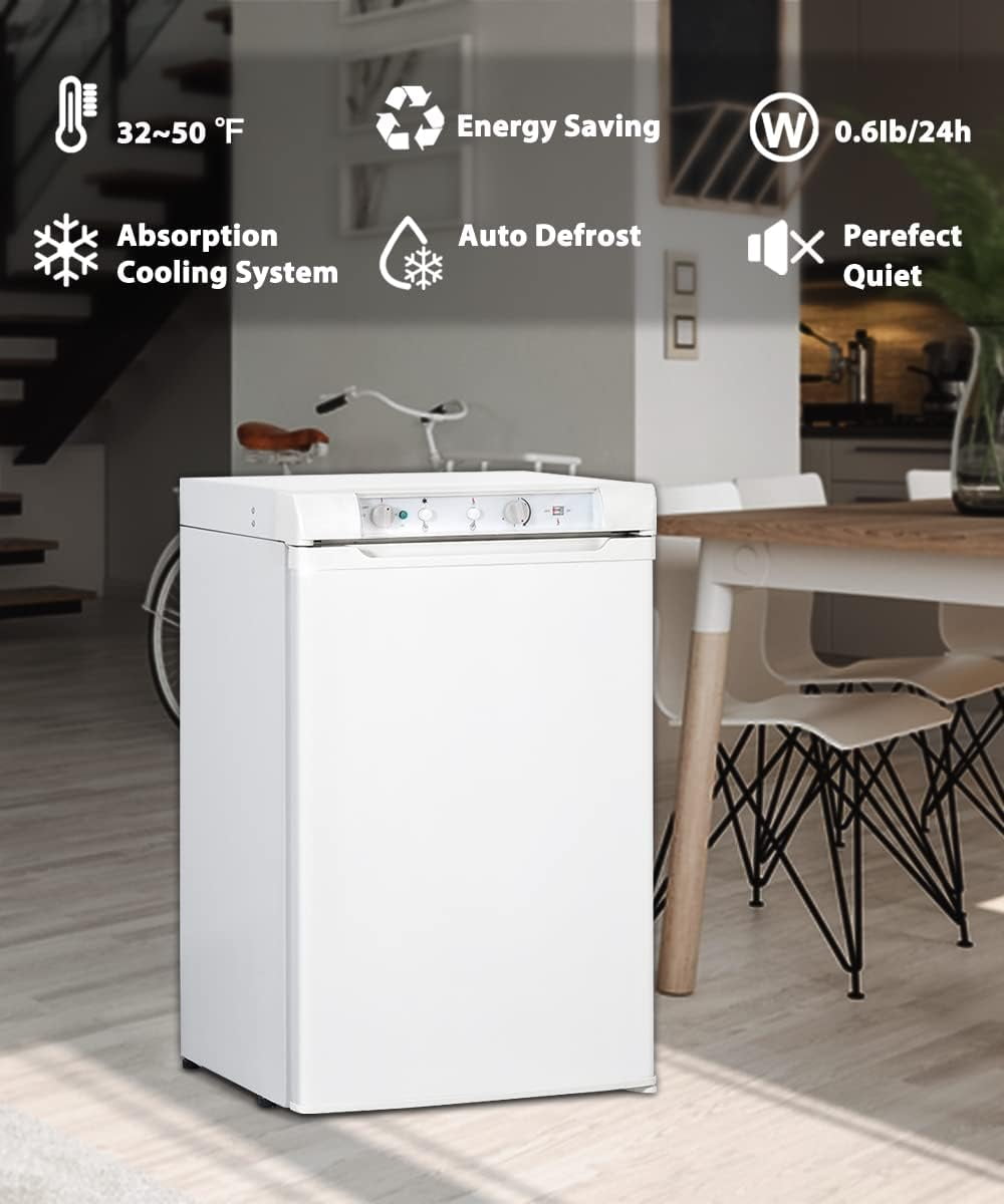 Techomey 3.5 Cu ft Propane Refrigerator 3 Way Gas/110V/12V Refrigerator with Freezer for RV Camper with Electric/Gas Thermostat and Flame Indicator