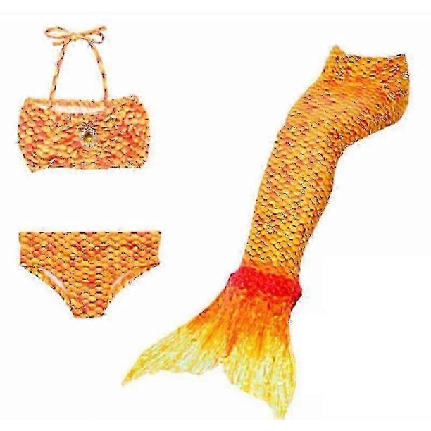 Kids Girl Mermaid 3 Pieces Set Cosplay Costume Fishtail Bikini Swimsuit Orange Tw
