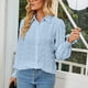 thumbnail image 5 of Camisa de punto suizo para mujer, puños fruncidos, botonadura única, cuello vuelto, blusa de ocio de manga larga abombada, 5 of 7