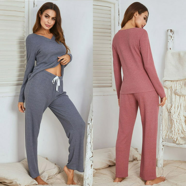 Women Loungewear Sets 2 Piece pj Sets,Long Sleeved V Neck Sweatshirt with  Drawstring Pajamas Sweatpants Sets,Winter Indoor Sleepwear Sweatsuits  Casual