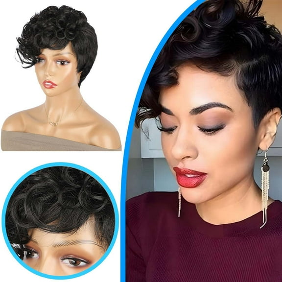 Short Curly Synthetic Headband Wig for Women Black Hair with Slanted Part Design