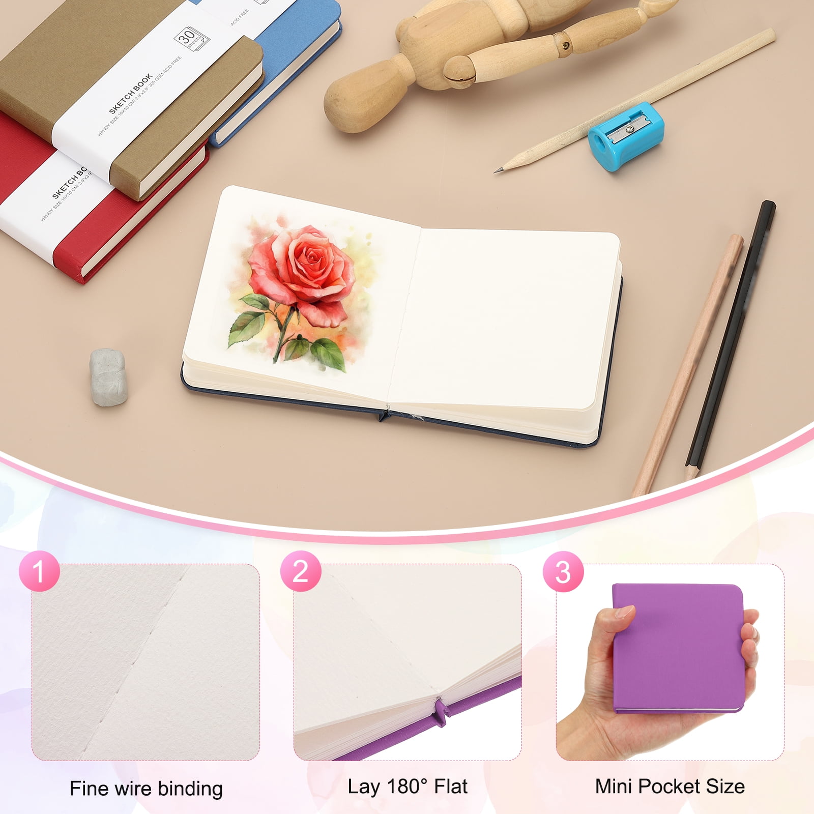Uxcell 4x4" Watercolor Paper Sketchbook, 4Pcs 30 Sheet 300GSM/203lb Acid Free Watercolor Journal Hardcover Artists Paper Pads for Painting, Light Purple