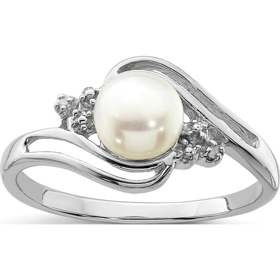 Sterling Silver Rhodium 6mm Fw Cultured Button Pearl & Diamond Ring (Size 6) Made In India qdx855-6
