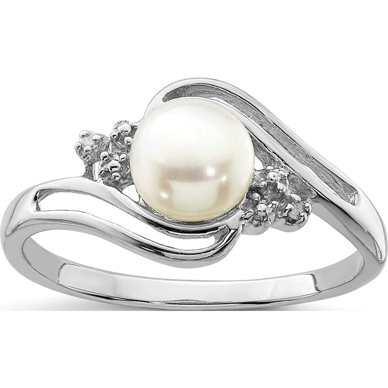 Sterling Silver 6mm Cultured Button Pearl And Diamond Ring Sterling Silver 6mm Cultured Button Pearl And Diamond Ring