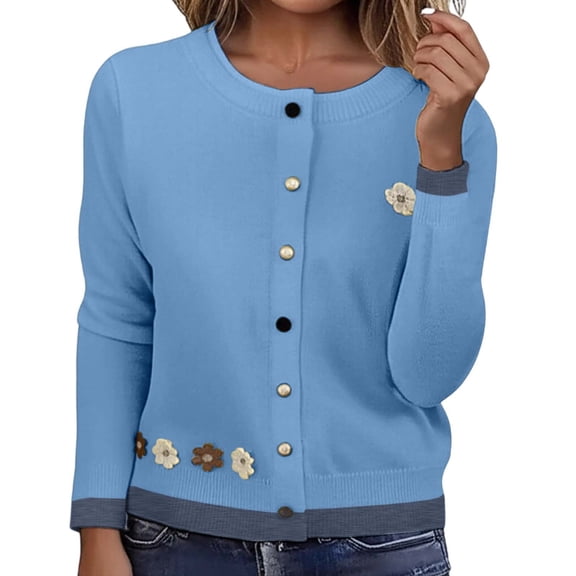 Women Cardigan Floral Heart Buttons Knitted Short Sleeve Round Neck Cropped Sweater Fashion Top Outfits Clothes