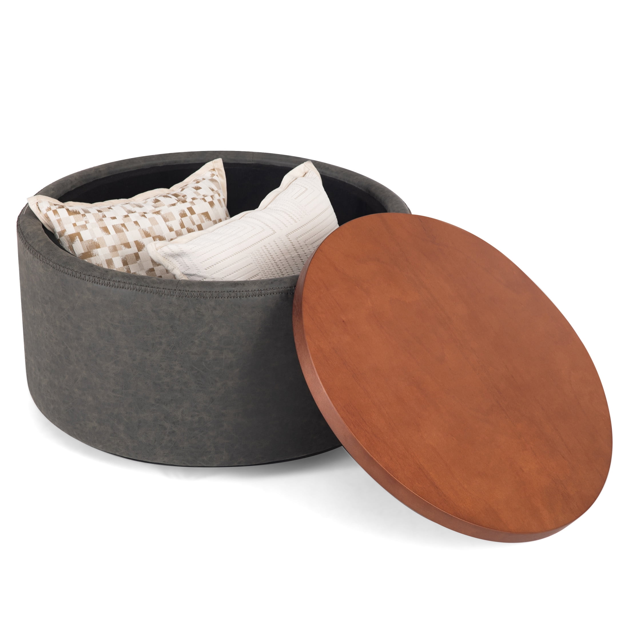Christopher Knight Home 30" Round Storage Ottoman with Wheels, Removable Wood Lid, Gray