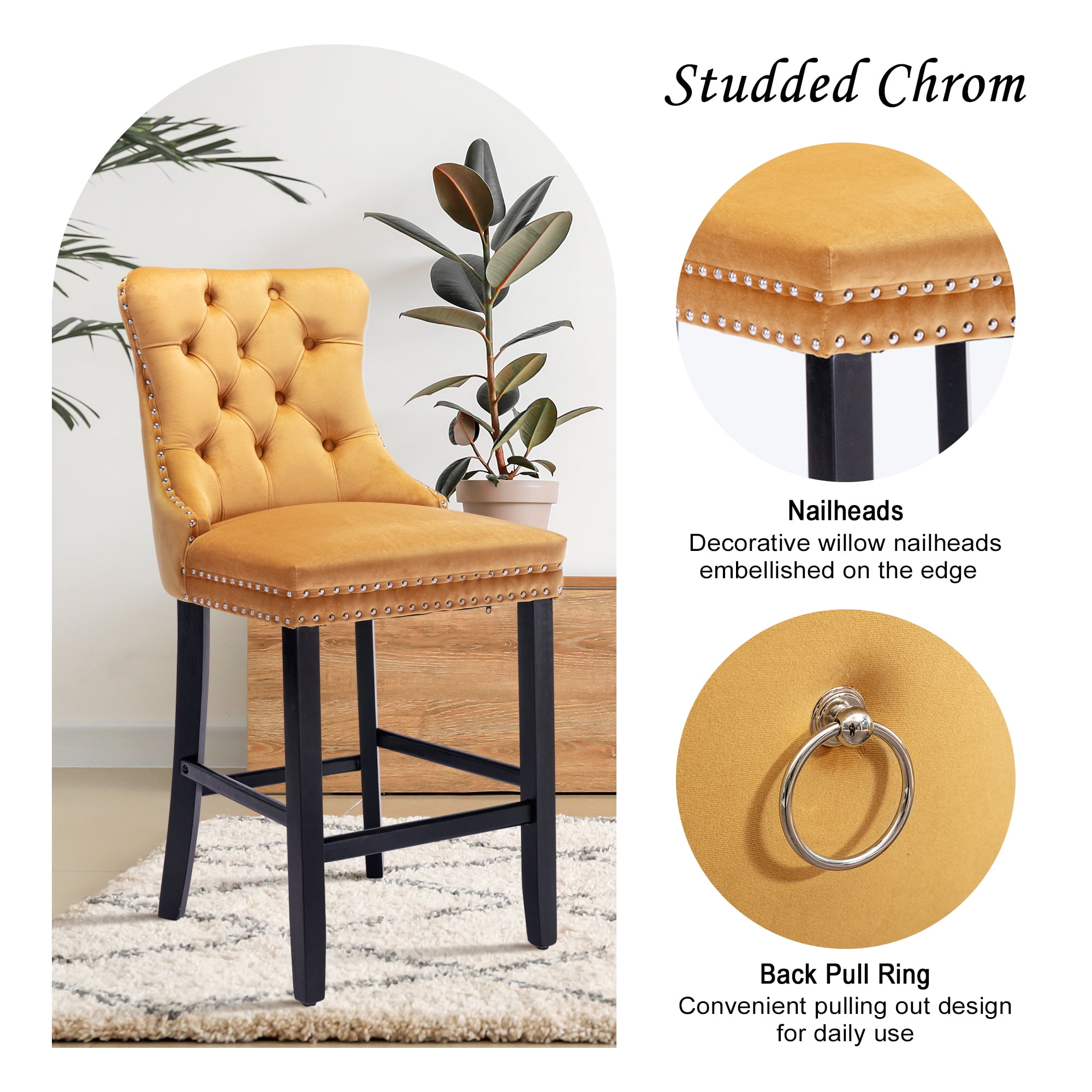 DONICK Velvet Counter Height Bar Stools Set of 4,Button Tufted Back Bar Chair Nailhead Back Pull Tab Wooden Leg(Yellow)