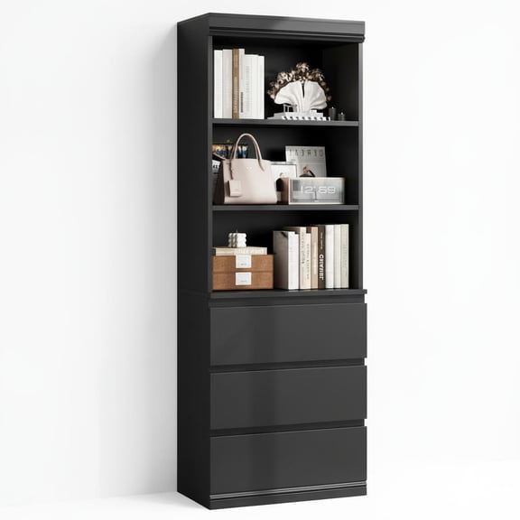 Tall Wooden Bookcase with 3 Storage Drawers & 3-Tier Open Shelves – Deep Bookshelf Organizer – Cabinet for Home Office, Living Room, Study – 70" Height – Brown-Red