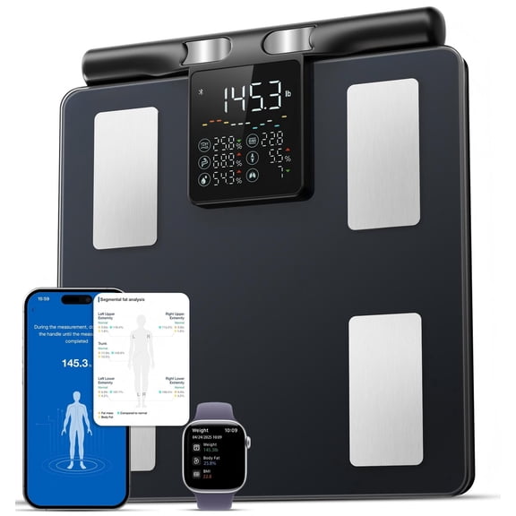 GE Smart Scale – 8-Electrode Body Pod Fat Monitor: Full Body Composition Analysis, Bluetooth App Sync, Large Handle Display, 400lb High Capacity, Black – Bathroom Scale for Home & Gym