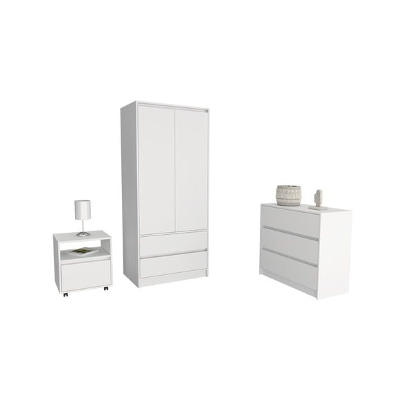 JERFIT White 3-Piece Bedroom Set with Armoire, Dresser and Nightstand, Engineered Wood Storage Furniture