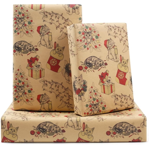 Benefree Cat Wrapping Paper for Christmas, 6 Folded Sheets 28 x 20 Inch Gift Wrap for Men, Women, Kids, Boys, Girls - Cats Wearing Christmas Hats Design for Xmas, Birthday, Baby Shower