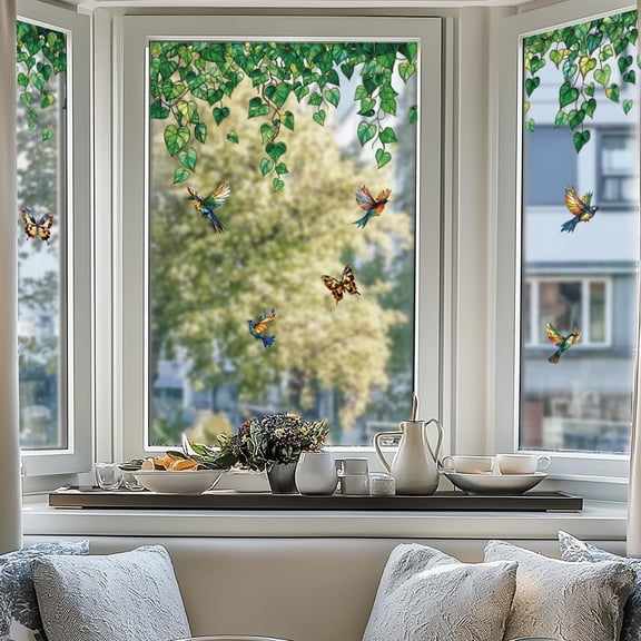 Static Window Clings Vine and Bird 1 Sheet Reusable Window Decals for Glass 47.24" x 11.8" Removable Double Sided Window Sticker for Room Office Home Decoration