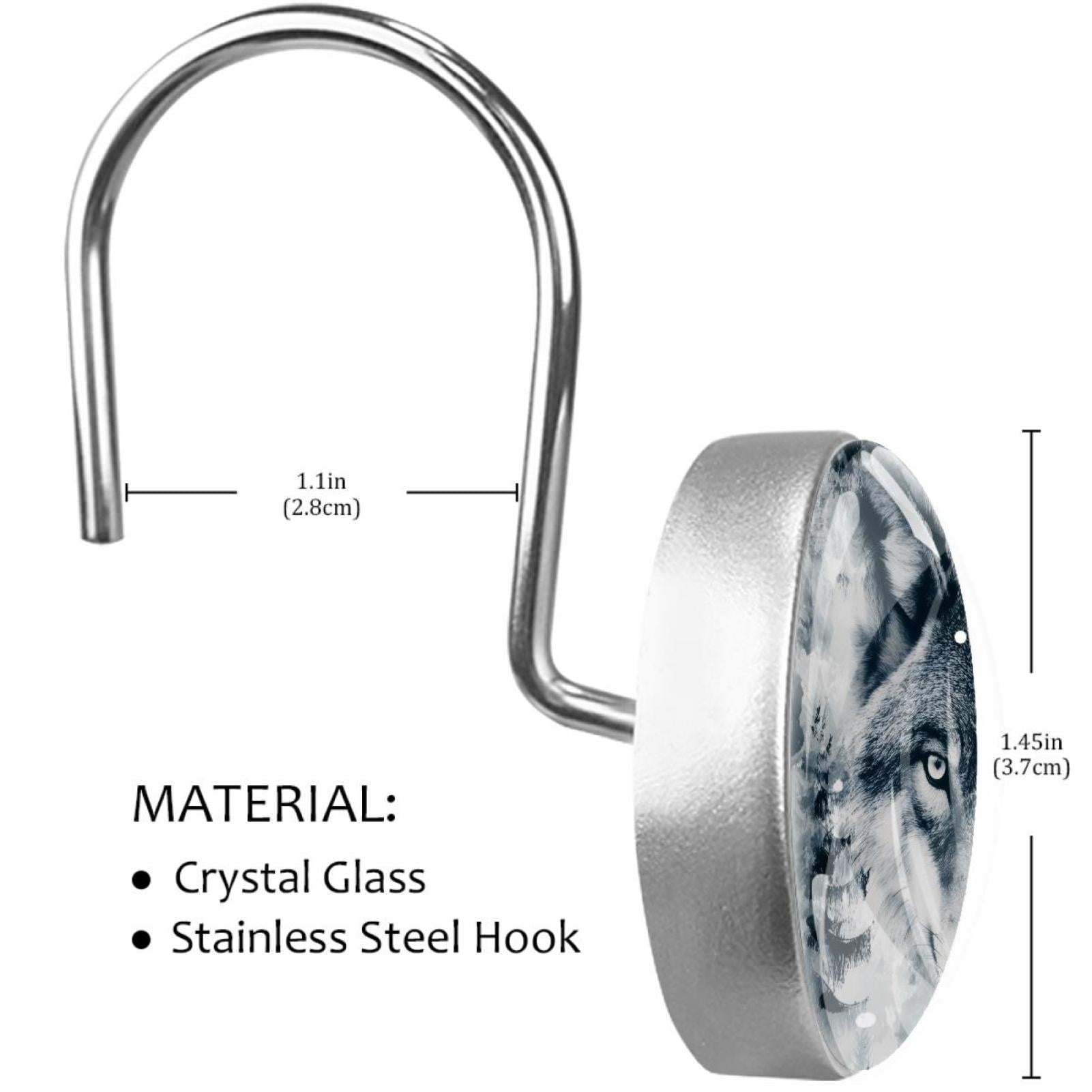 Ferocious Wolf Shower Curtain Hooks Round Crystal Glass, Set of 12 Shower Curtain Rings - Shower Hooks for Curtain Shower Rings