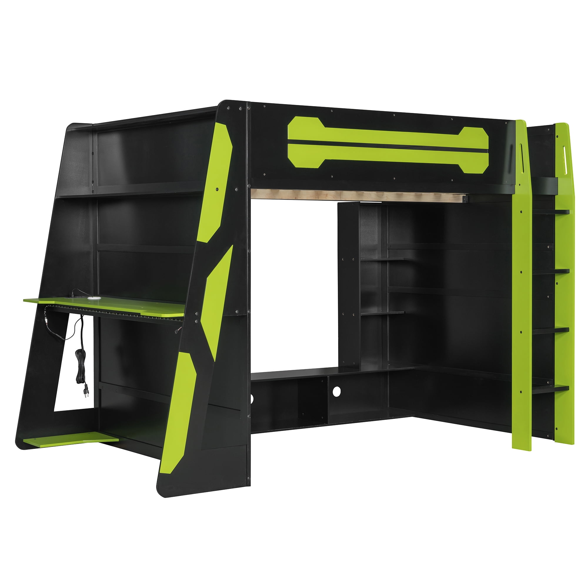 Aukfa Full Size Gaming Loft Bed for Teens, Wood Esports Bed Frame with Desk, LED Lights, Charging Station & Storage Shelves, Green