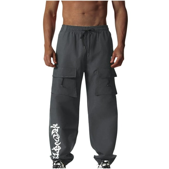 lkfuzj Men's All Seasons Breathable Polyester Multi-Pocket Workwear Pants with Elastic Waist for Outdoor Casual Home Activities