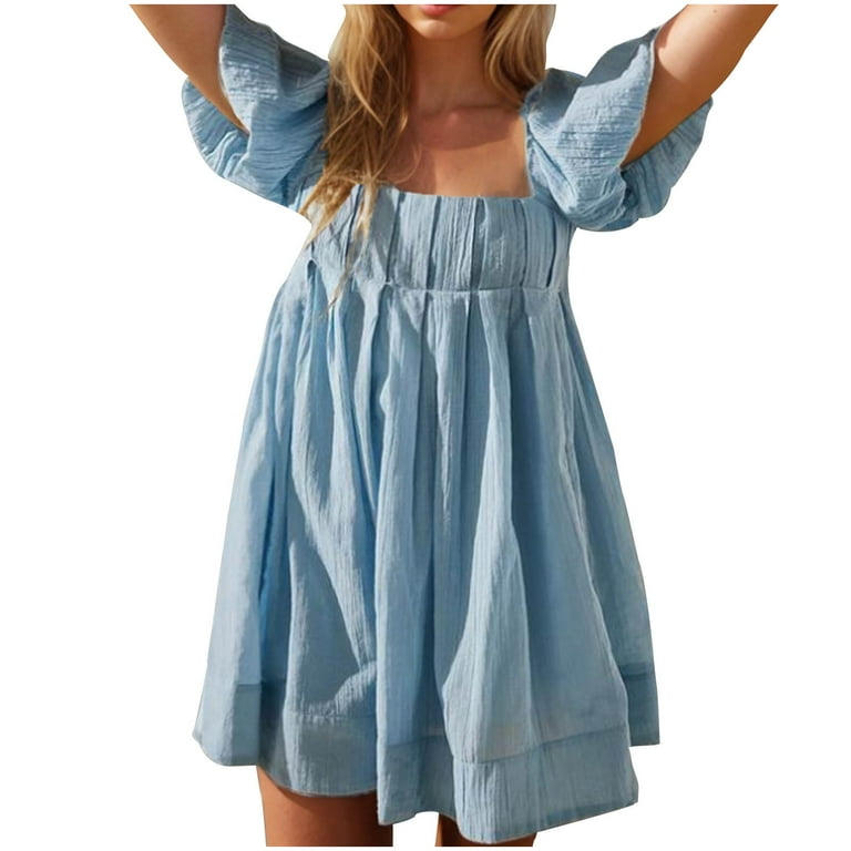 Mgmyaa Women's Cute Mini Dresses Solid Color Square Neck Front Pleated Cross-Back  Tie Blouson Sleeve Low Back Babydoll Dress - Walmart.com