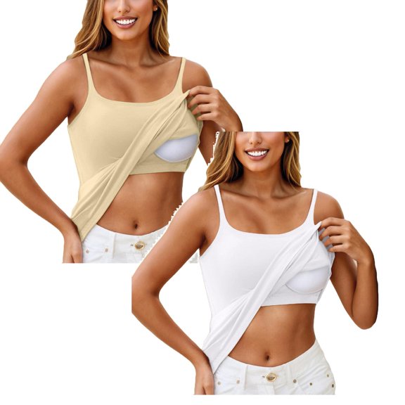 BVWKPCV 2 Pack White Tank Top Built In Bra Women Built-In Bra Tank Tops Sleeveless Casual Shirts Racerback Cami Fitted Tank Tops White Beige L