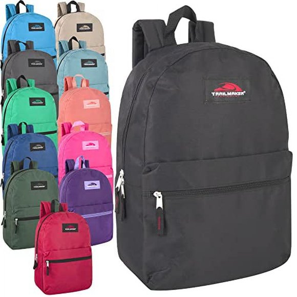 24 Pack- Trail maker Classic Backpacks in Bulk Wholesale Back Packs for Boys and Girls (Assorted 12 Color Pack)