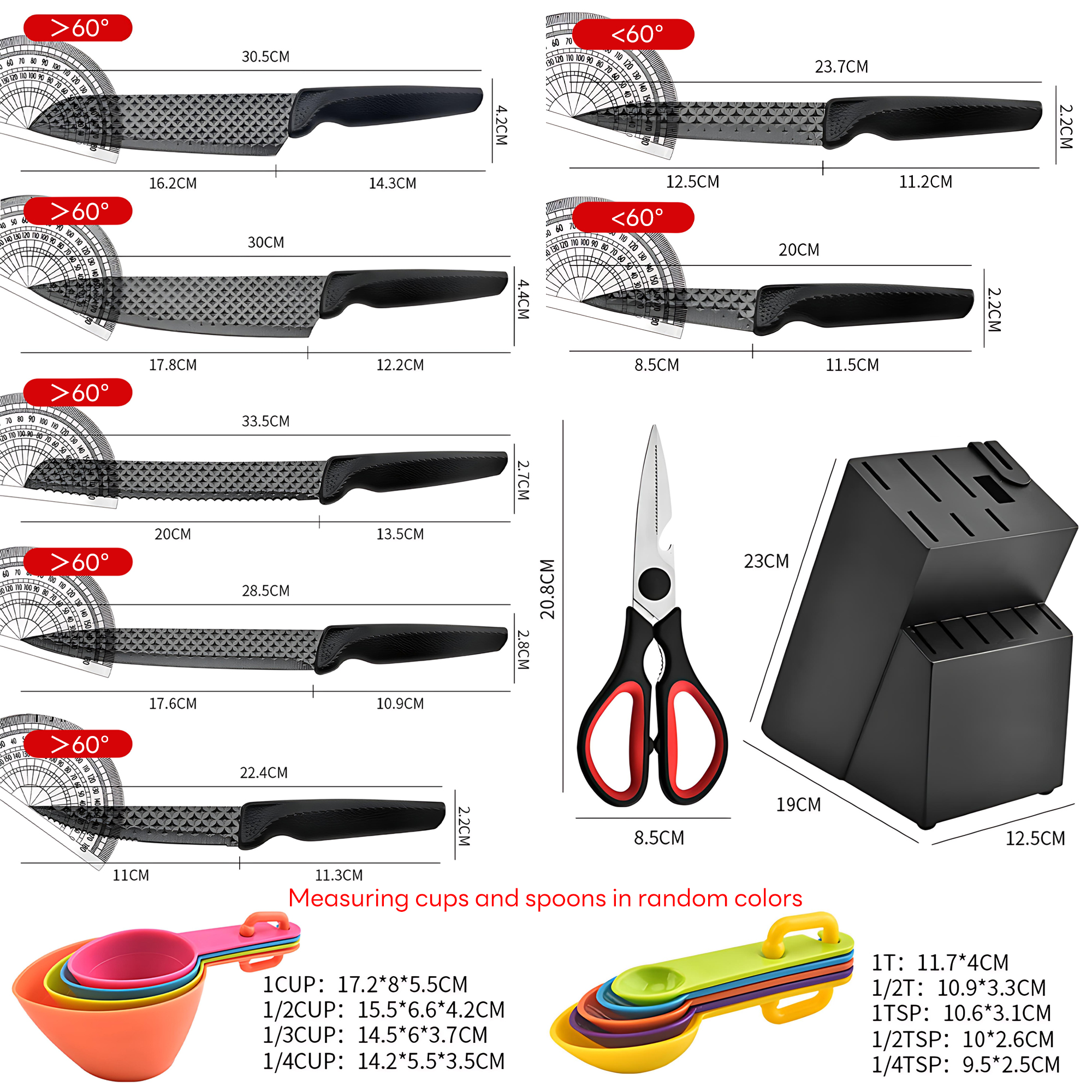 INSMART 15-Piece Kitchen Knife Set with Block,Knives Sets German Stainless Steel,Non-Stick Knives,PP Handle,Dishwasher Safe Black