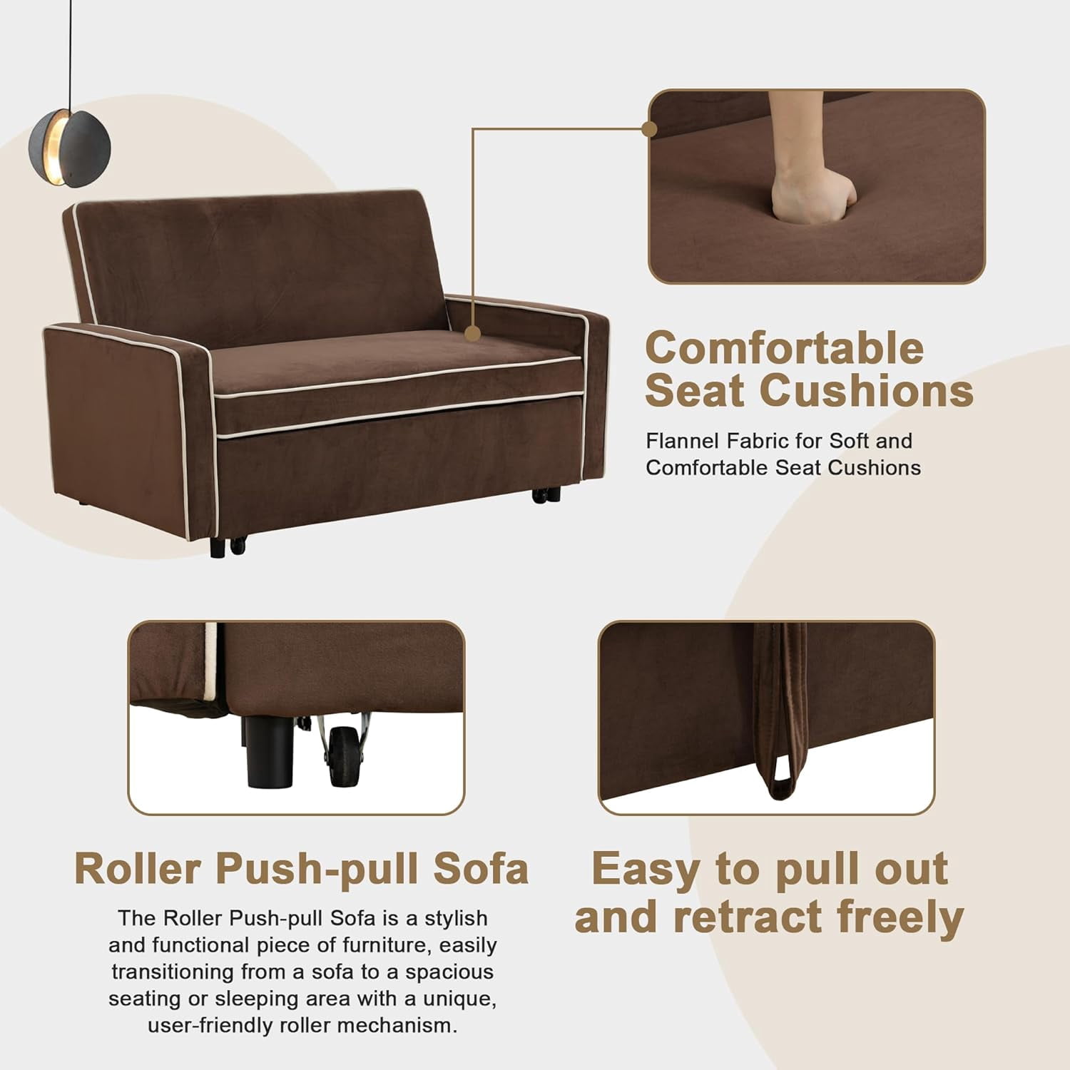 Convertible 3 in 1 Pull Out Sofa Bed Futon Sleeper Sofa Couch Velvet Small Loveseat, Reclining Backrest for Living Room, Brown