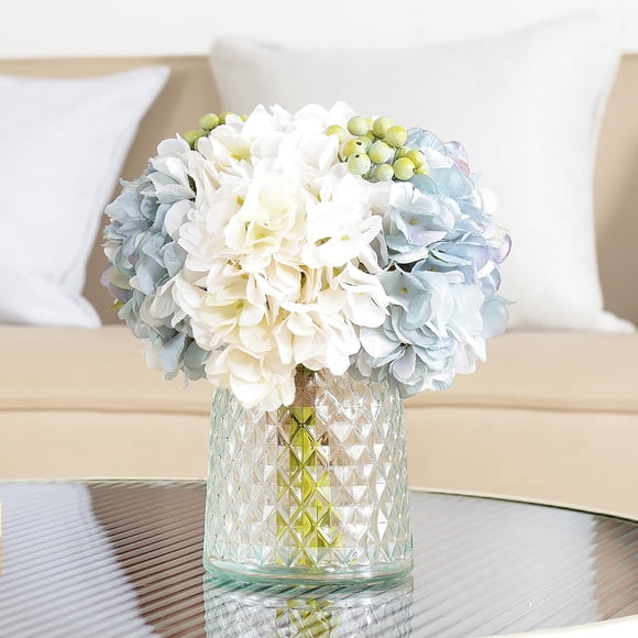 Arreglo floral artificial de hortensias Wracra con jarrón de cristal