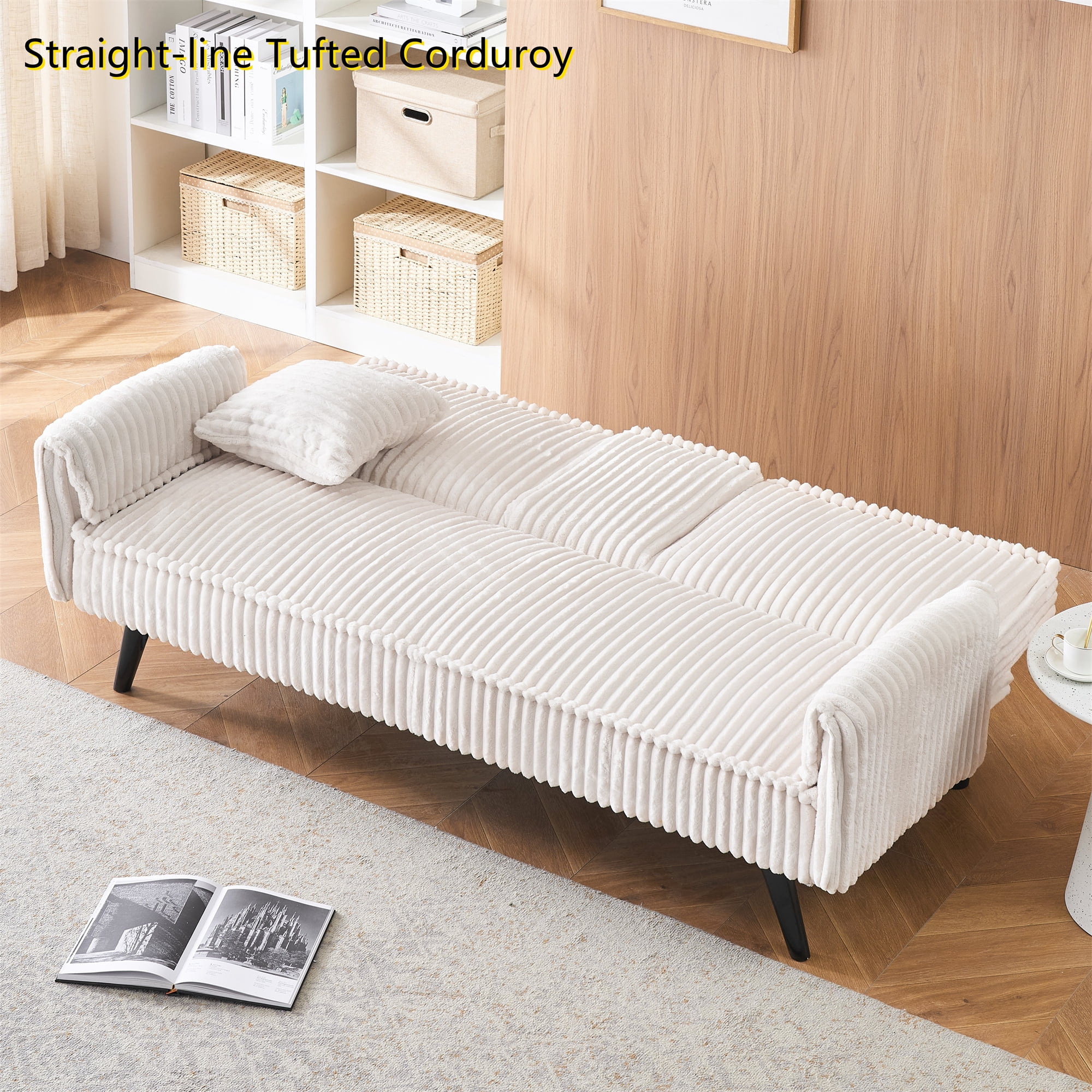 Aukfa 72" Futon Convertible Sofa Bed, 2 Cup Holders& Pillow, Straight-line Tufted Corduroy, Beige