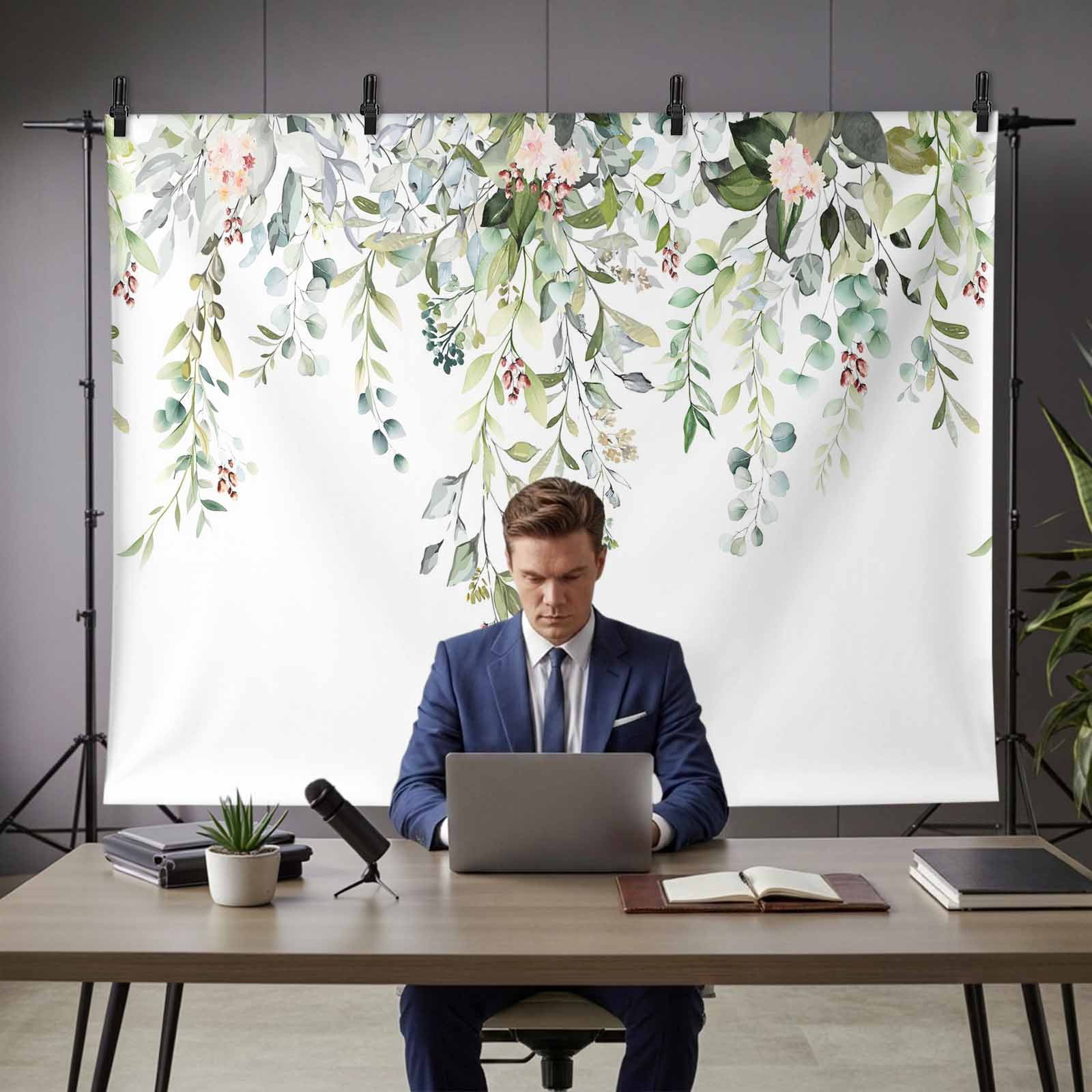 7x5ft Photo Backdrop, Sage Green Eucalyptus Soft Polyester Backdrop Curtains Photography Backdrops, Pink Floral Buds Summer Pastoral Brushed Background for Photoshoots Studio Video Portrait Parties