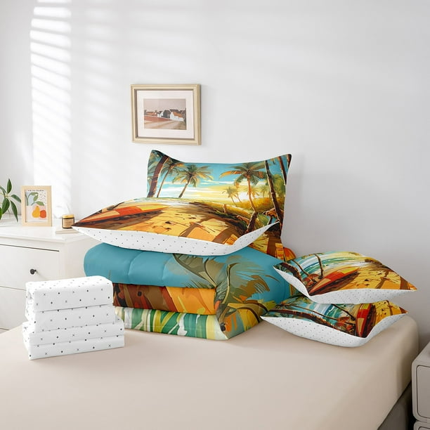 Hawaii Beach Bed in a Bag 7pcs Kids Summer Holiday Toddler Bedding Set Ocean Surfing Sport Twin Size Comforter Set Cartoon Surfboard Bedding Comforter Sets Tropical Palm Tree Bed Set for Boys
