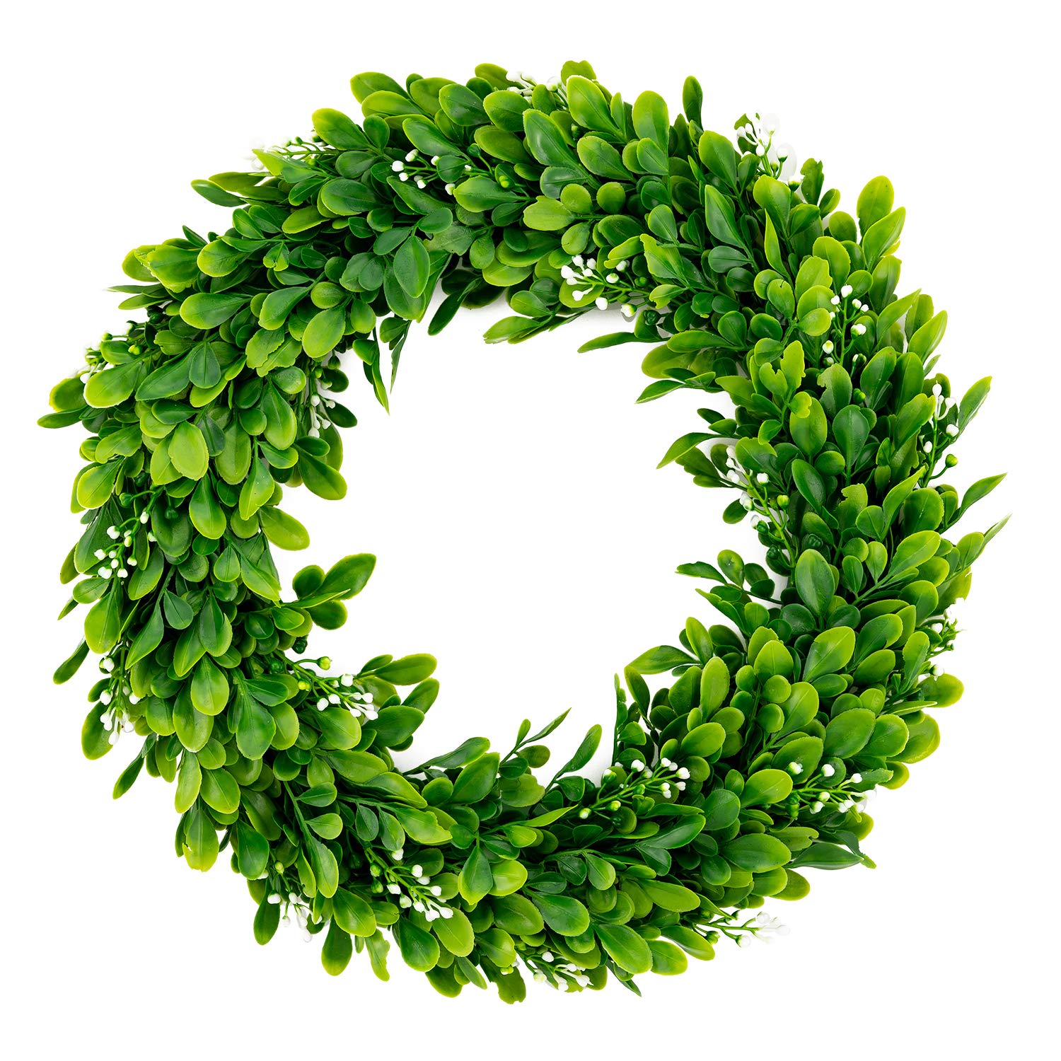 Boxwood Wreath 14 inch Artificial Green Wreath with White Fruits by