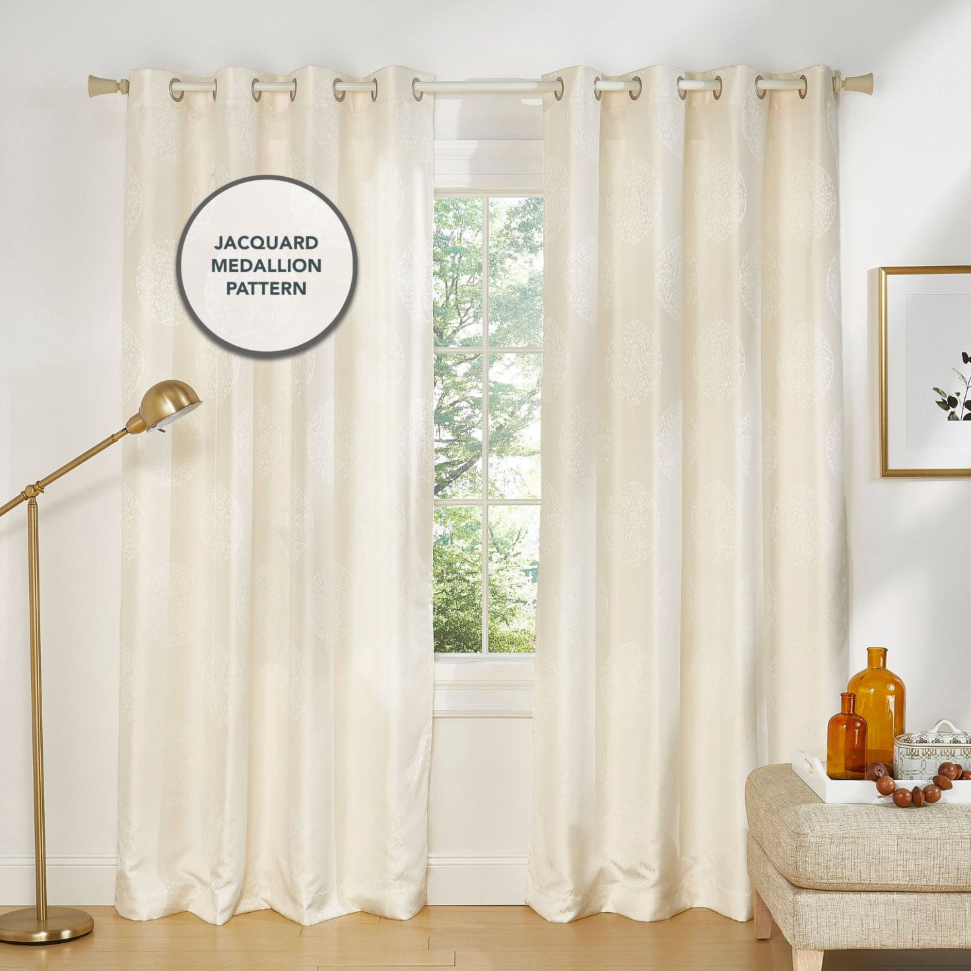 Exclusive Home Akola Medallion Linen Jacquard Grommet Top Curtain Panel Pair, 54"x84", Ivory