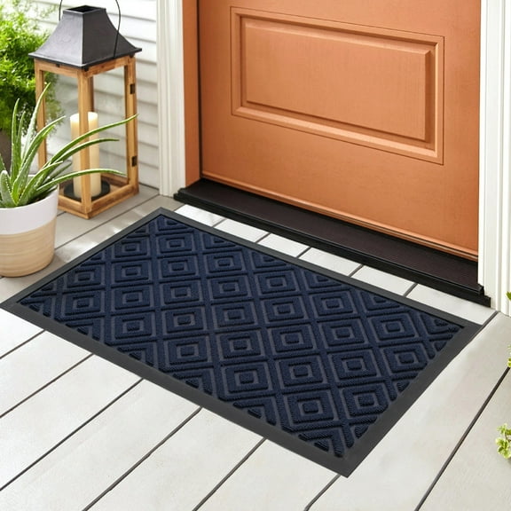Outdoor Mat - Textures Crosshatch Polyester and Rubber Backed Doormat, 24''x36'', Navy