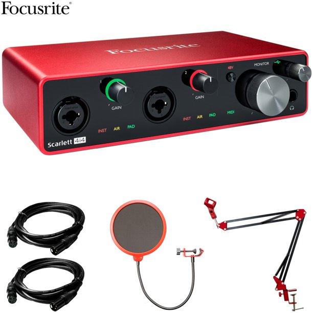 Focusrite Ams Scarlett 4i4 Scarlett 4i4 3rd Gen 4 In 4 Out Usb Audio Interface Bundle With 2x Deco Gear Xlr Male To Xlr Female Cable Universal Pop Filter Wind Screen And Microphone Arm Stand