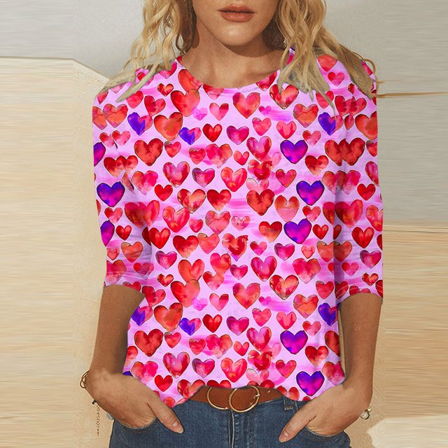 Meichang Hauts à Manches 3/4 pour Femmes, T-Shirts Valentines Day Amusants, T-Shirts Graphiques Valentines Day, Col Rond, Printemps