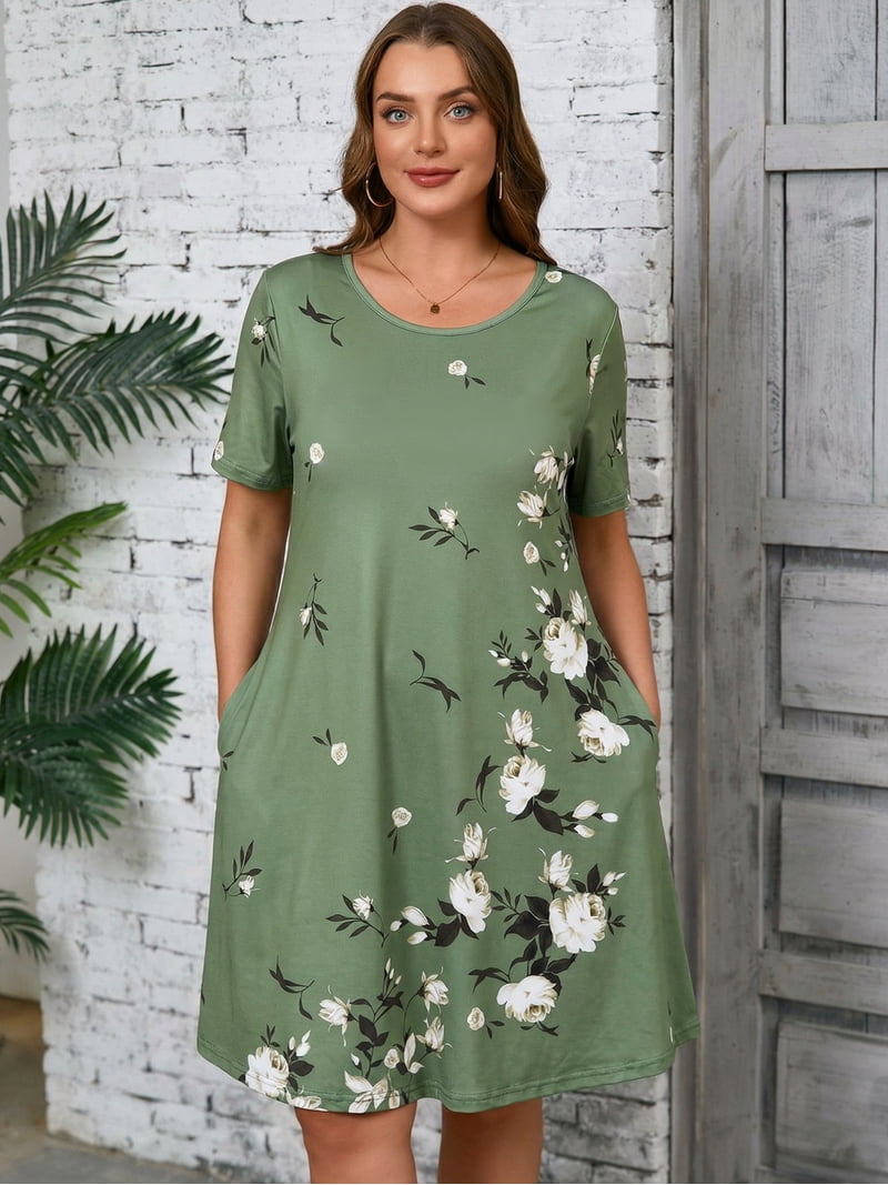 SHOWMALL Women's Plus Summer Dresses Short Sleeves Floral Casual Midi Dress with Pockets 3X Moss Green Cascading Floral