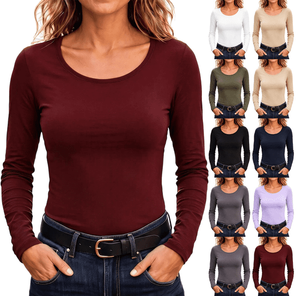 Womens Base Layer Tops Casual Stretchy Slim Fitted Crewneck Long Sleeve Breathable Comfort Tee Shirts,Sizes S-2XL